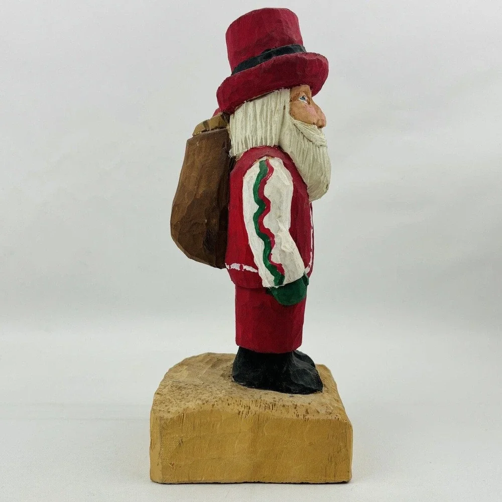 Vintage Wood Santa & Bag Figure Hand‎ Carved Handmade Painted Signed Slim 92
